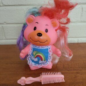 Vintage Sunbow Hair Bears 6" Pink Bear 1984 Lanard Toys Rainbow Apron & Brush T3